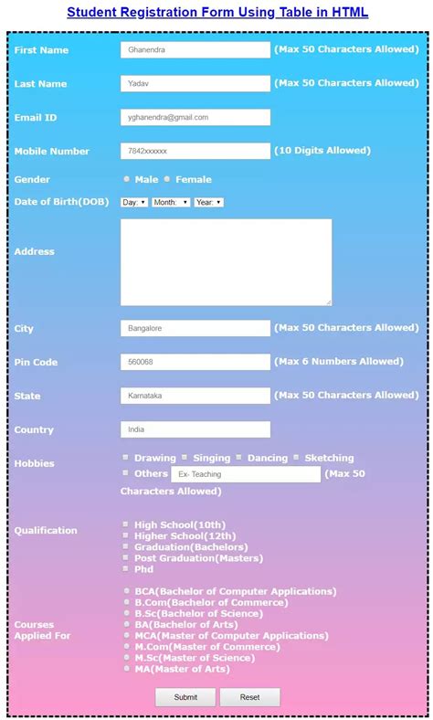 Student Registration Form In Html With Css Completely Free