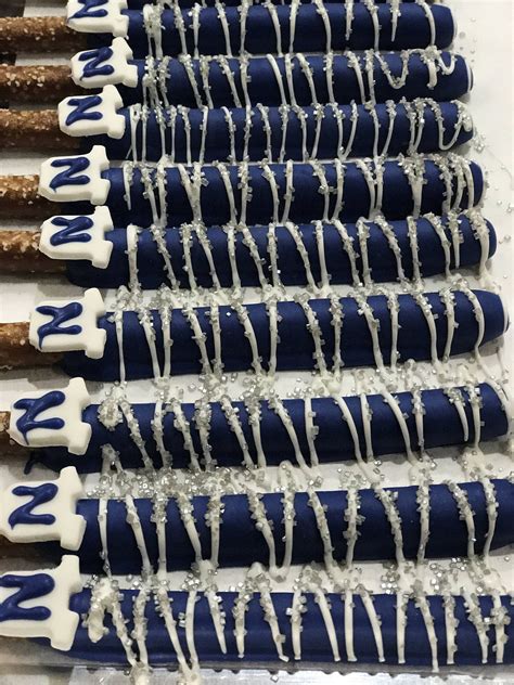 Navy Blue And Silver Drizzle Chocolate Covered Pretzels With Edible