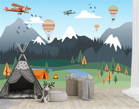 Kids Landscape Wall Mural Mountains Forest Sky With Hot Air Etsy Uk