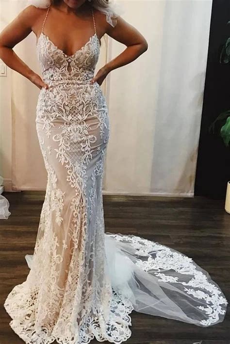 Buy Sexy Spaghetti Straps Mermaid Wedding Dresses Lace Appliques V Neck