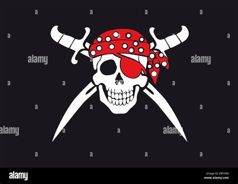 Jolly Roger Pirate Flag With Skull And Swords In Bandana Stock Photo