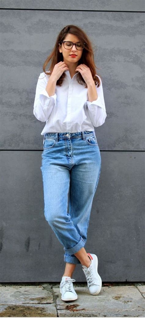 White Button Up Mom Jeans Sneakers Smart Casual Women Jeans Shirt