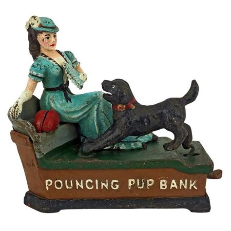 Design Toscano Pouncing Pup Die Cast Iron Mechanical Coin Bank