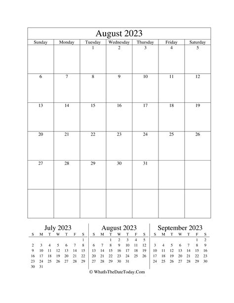 August 2023 Editable Calendar Vertical Layout Whatisthedatetodaycom