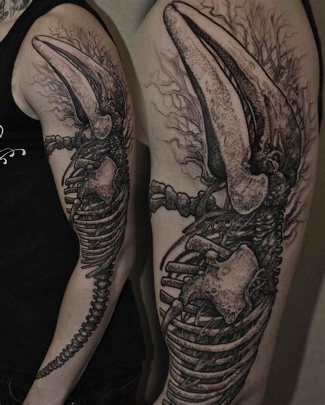Massive Black And White Very Detailed Sleeve Tattoo Of Armadillo