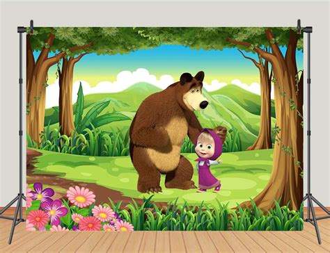 Buy Cartoon Masha And The Bear Theme Backdrops Girls Birthday Party Photography Backdrop Blue