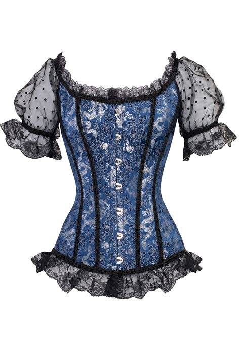 Blue Corset Top With Lace Sleeves And Black Ribbon Blue Corset