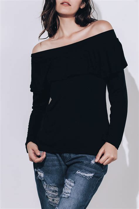 OFF Charming Long Sleeve Off The Shoulder Flounced Women S Black T Shirt In BLACK