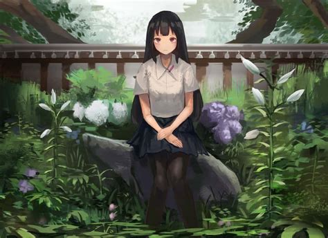 Download Anime Garden Long Black Hair Girl Wallpaper