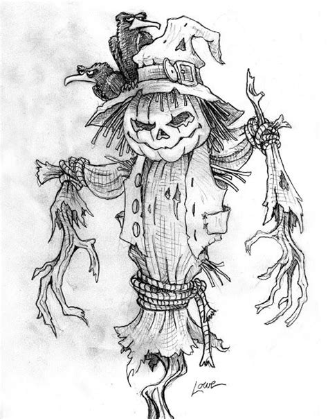 A Drawing Of A Scarecrow Wearing A Witches Hat