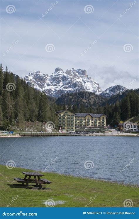 Lake Misurina Bench Hotel And Dolomites Italy Editorial Photo