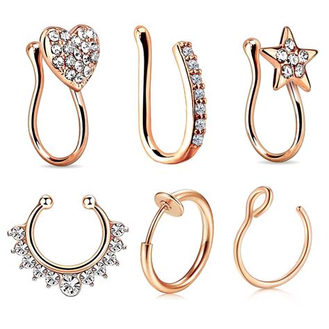 Body Jewellery 8 Colours Fake Clip On Piercing Heart Shape Stainless Steel Nose Ear Rings Body