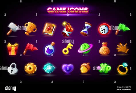 Mobile Game Icons Set Isolated On Dark Background Gui Elements For