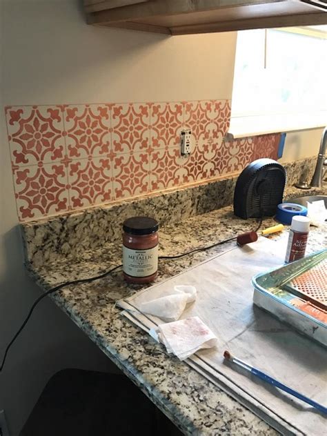 A Metallic Tile Stenciled Kitchen Backsplash Stencil Stories