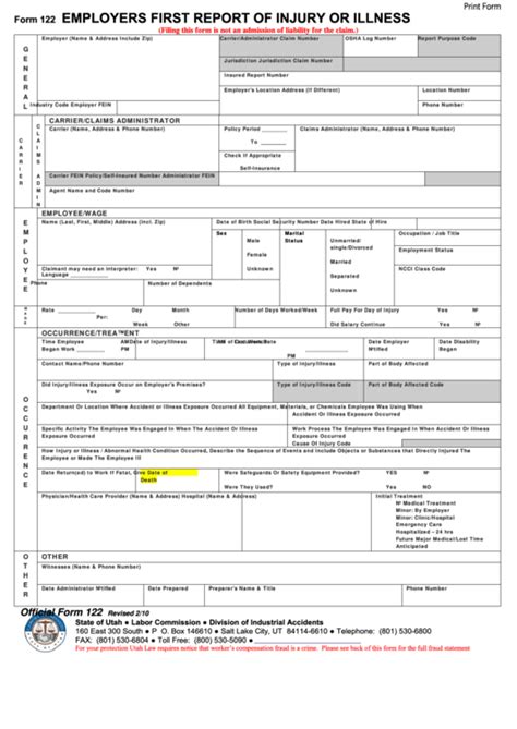Fillable Form 122 Employers First Report Of Injury Or Illness 2010