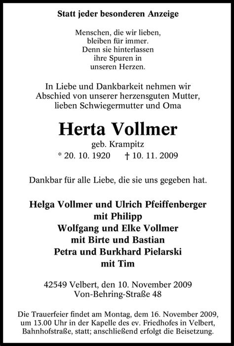 Traueranzeigen Von Herta Vollmer Trauer In NRW De