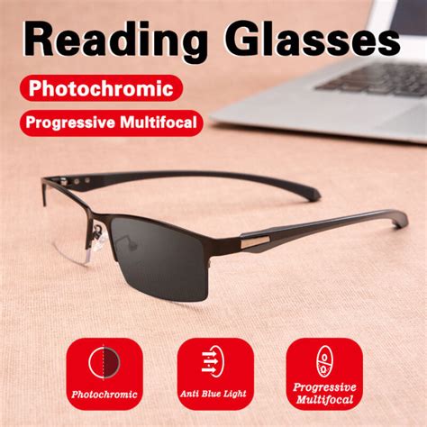 【photochromic Progressive Multifocal 】reading Glasses For Men Anti Blue