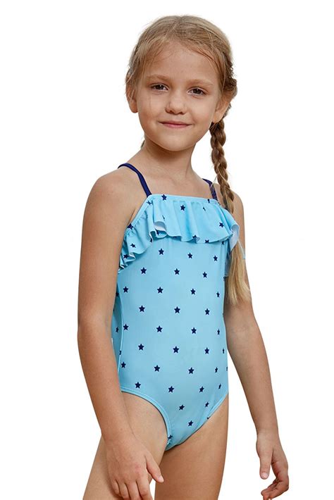 Turquoise Little Stars Print Little Girl Models Swimwear Girls