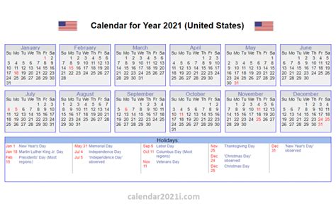 Us 2021 Calendar With Holidays United States Printable