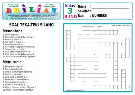 Soal Teka-Teki Silang ( Tts ) Sd Bahasa Inggris Kelas 3 Pecahan Numbers ( Angka-Angka ) | Soal