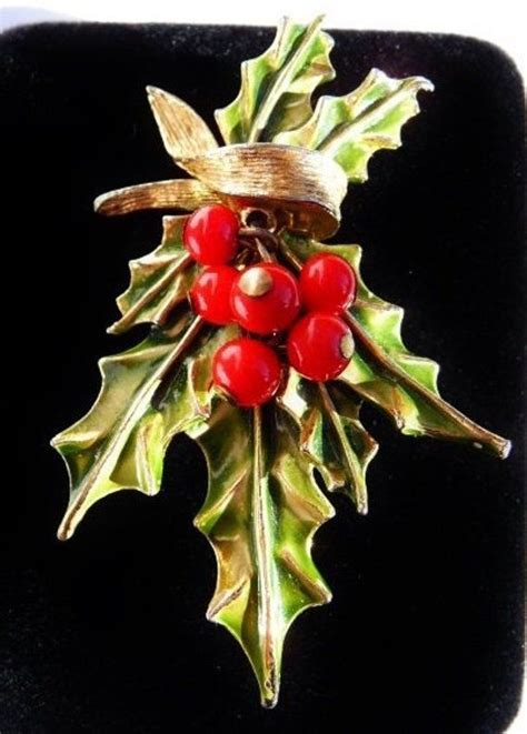 Signed Art Holly Sprig Brooch Pin Cherry Red Olive Green Etsy