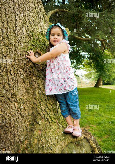 Little Girl Climbing A Tree In England During Summer Stock Photo Alamy