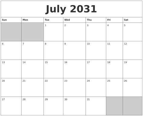 July 2031 Blank Printable Calendar