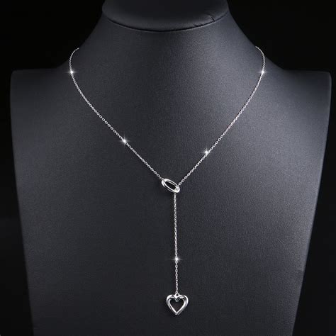 Long Necklace 925 Sterling Silver Adjustable Oval Heart Y Shaped Lariat