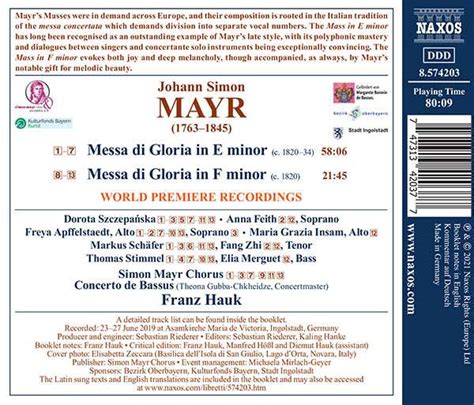 Johann Simon Mayr Messa Di Gloria In E Minor And In F Minor Franz Hauk