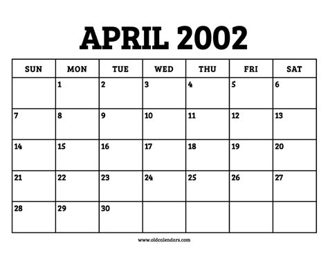 Calendar April 2002 Printable Old Calendars