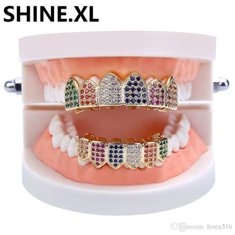 Hip Hop Iced Out Teeth Grillz Gold Color Plated Micro Pave Rainbow Cz