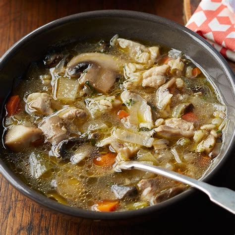 This smooth mushroom soup recipe has intensely earthy flavours. Chicken, Barley & Mushroom Soup Recipe - EatingWell