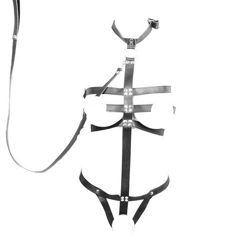 bdsm restraints clothing harness teddy with leash training cosplay faux leather black party