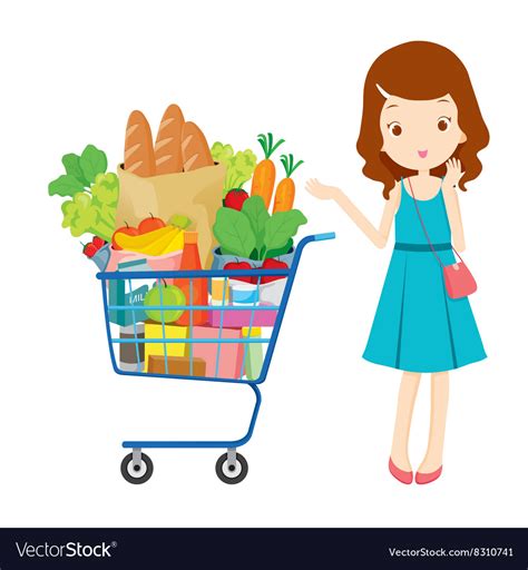 Girl And Shopping Cart Full Eating Royalty Free Vector Image
