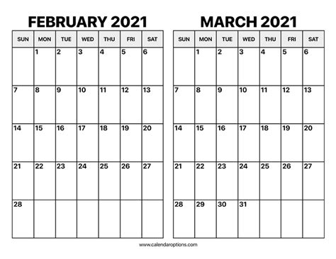 Blank February March 2021 Calendar Printable Eyesfoolthemind