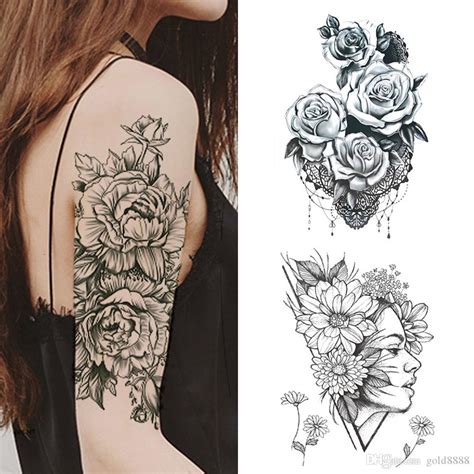 Women Girl Temporary Tattoo Sticker Black Roses Design Full Flower Arm Body Art Big Large Fake