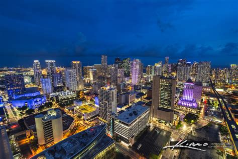 Night Time Downtown Miami Skyline From Apartment Balcony View Hdr