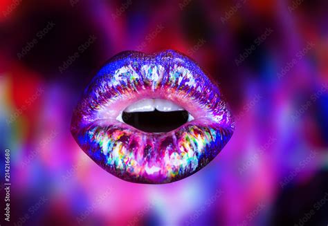Ultra Violet Purple Lips Isolated On Purple Background Rainbow Lip Gloss On Lips Open Mouth