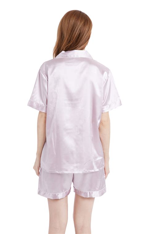 Women S Silk Satin Pajama Set Short Sleeve Light Pink With White Pipi Tony And Candice