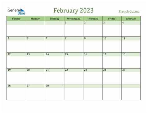 February 2023 Monthly Calendar With French Guiana Holidays