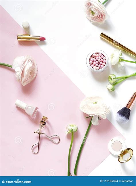 Makeup Cosmetic Accessories Products And Flowers Stock Photo Image Of