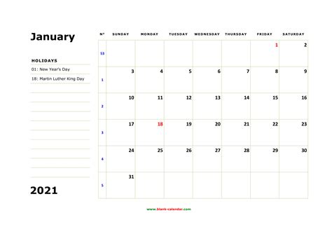 Free Download Printable January 2021 Calendar Large Box Holidays