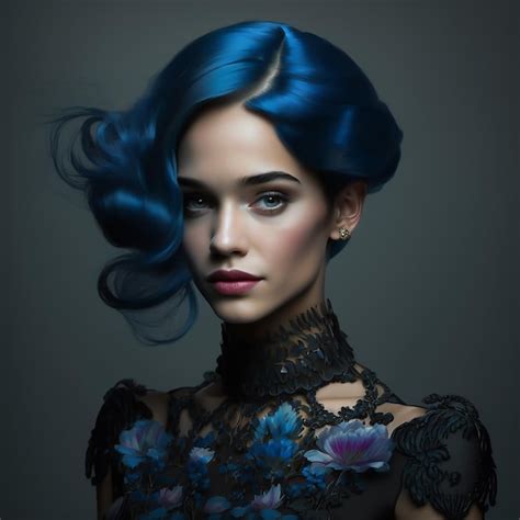 Premium Ai Image Blue Haired Beautiful Woman Portrait Blue Makeup Red