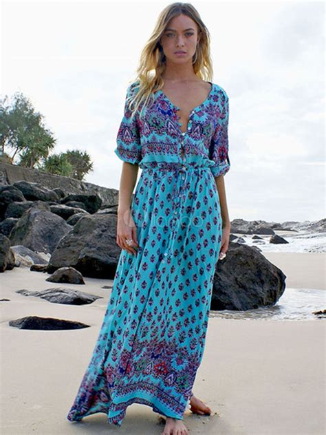 Boho Maxi Dress Print Split Long Sleeve V Neck Summer