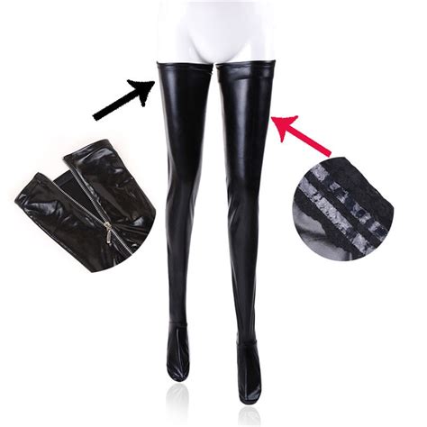 Women Sexy Latex Zipper Stockings Ladys Black Pvc Pole Dance Leather