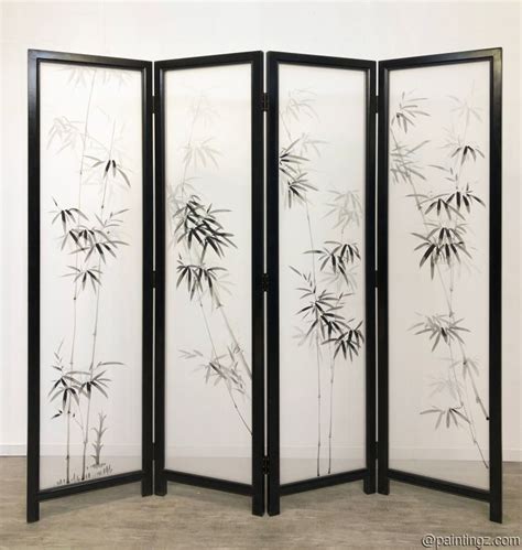 4 Panel Japanese Privacy Screen Hand Painted Ink Bamboo On Georgette