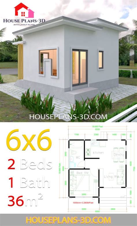 Small home with loft design: House Plans 6x6 with One Bedrooms Flat Roof - House Plans 3D | Flat roof house, House roof, New ...