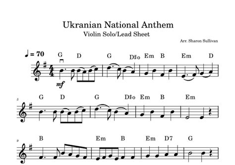 Ukrainian National Anthem State Anthem Of Ukraine Easy Violin Solo Lead Sheet Arr Sharon
