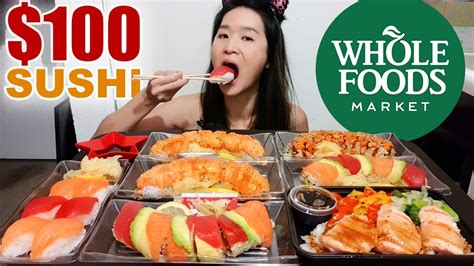 100 sushi mukbang whole foods sushi platters salmon and tuna nigiri sushi seafood asmr eating