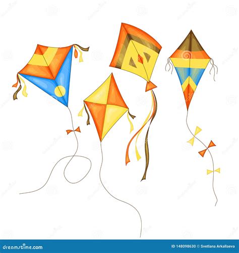 Kite Set Of Different Colors In Cartoon Style Isolated On White